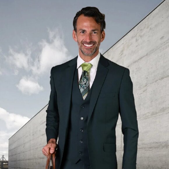 Mens 2 Button Modern Fit Vested Wool Suit in Jade